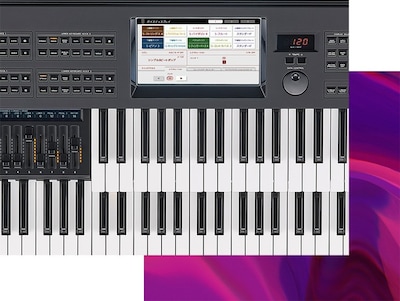 ヤマハエレクトーンの上下鍵盤と操作パネルのクローズアップ。