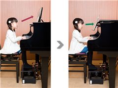 左:ピアノの譜面台　右:補助譜面台使用時　モデル身長：104cm　補助譜面台：最下段(四段中)に設置