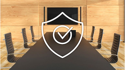 Illustration of a secure meeting room with a security icon, representing Enterprise Security and Smart Management