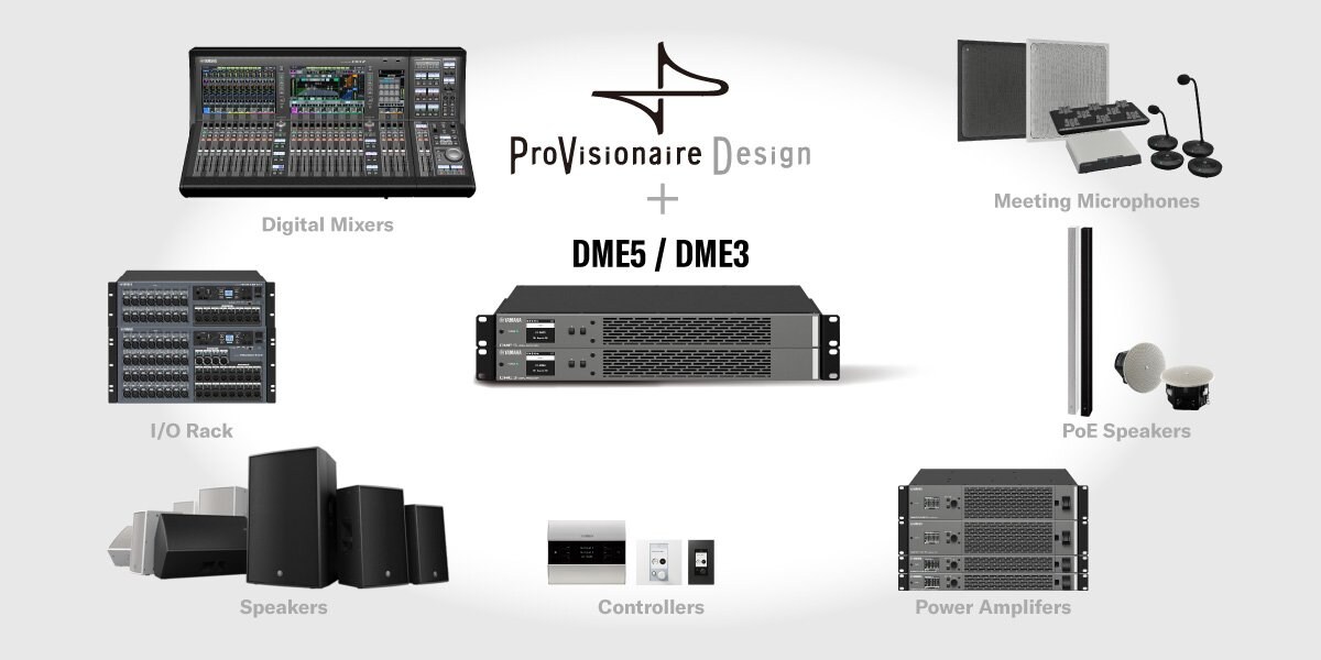 DME5/DME3およびProVisionaire Designを中核として、デジタルミキサー、I/Oラック、スピーカー、コントローラー、パワーアンプ、PoEスピーカー、マイクなどの機器をコントロールするイメージ図