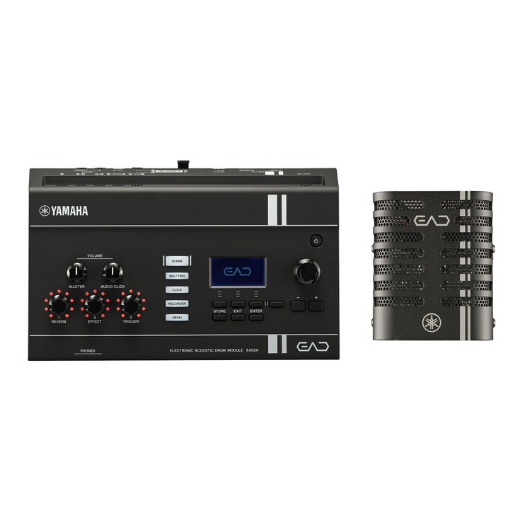 ヤマハEAD20の電子アコースティックドラムモジュールとセンサーユニット。アコースティックドラムの演奏を収音し、音を拡張・補正する。