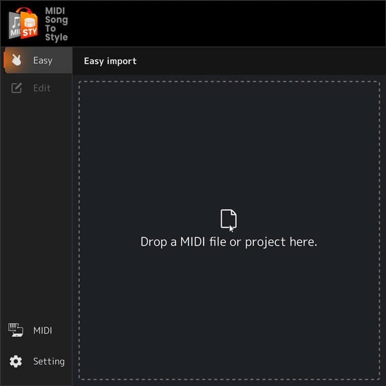 Easy modeのMIDI Song to Styleで、MIDIソングをインポートしている画面イメージ