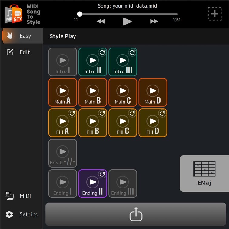 Easy modeのMIDI Song to Styleで、構成を表示している画面イメージ