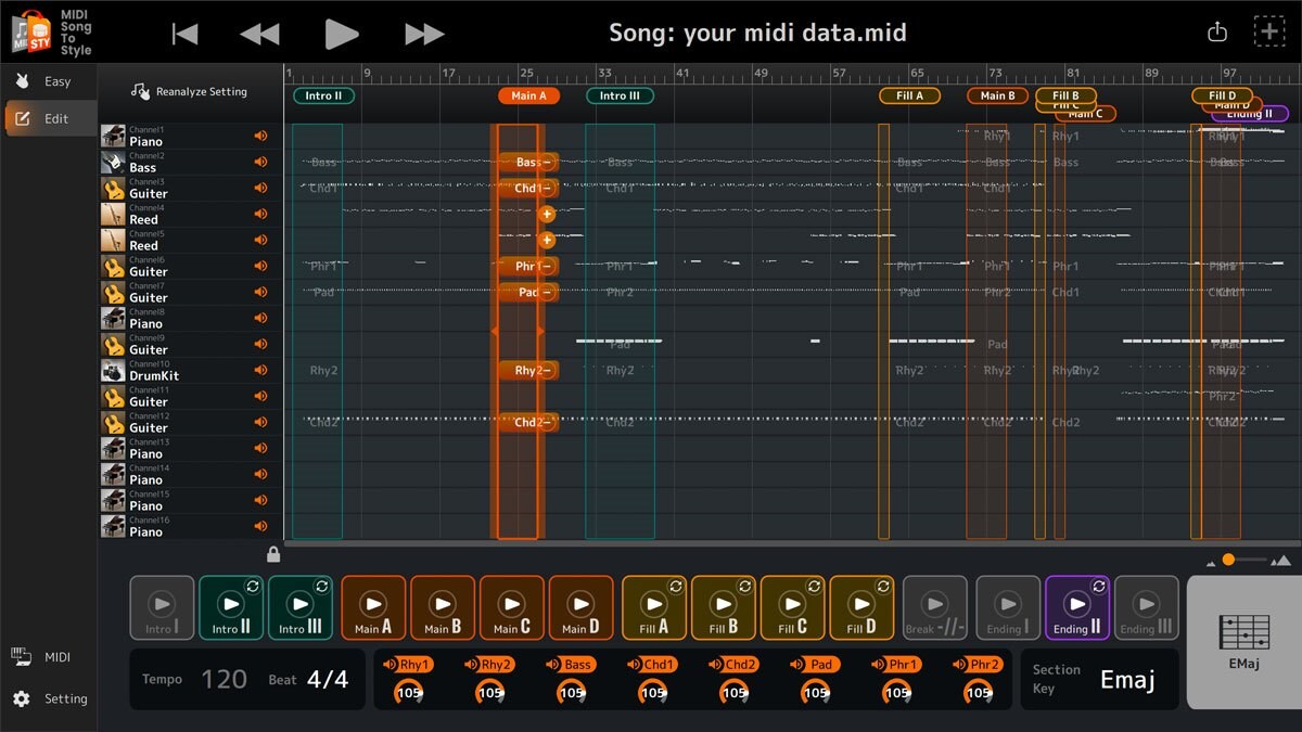 Edit modeのMIDI Song to Styleの初期画面イメージ
