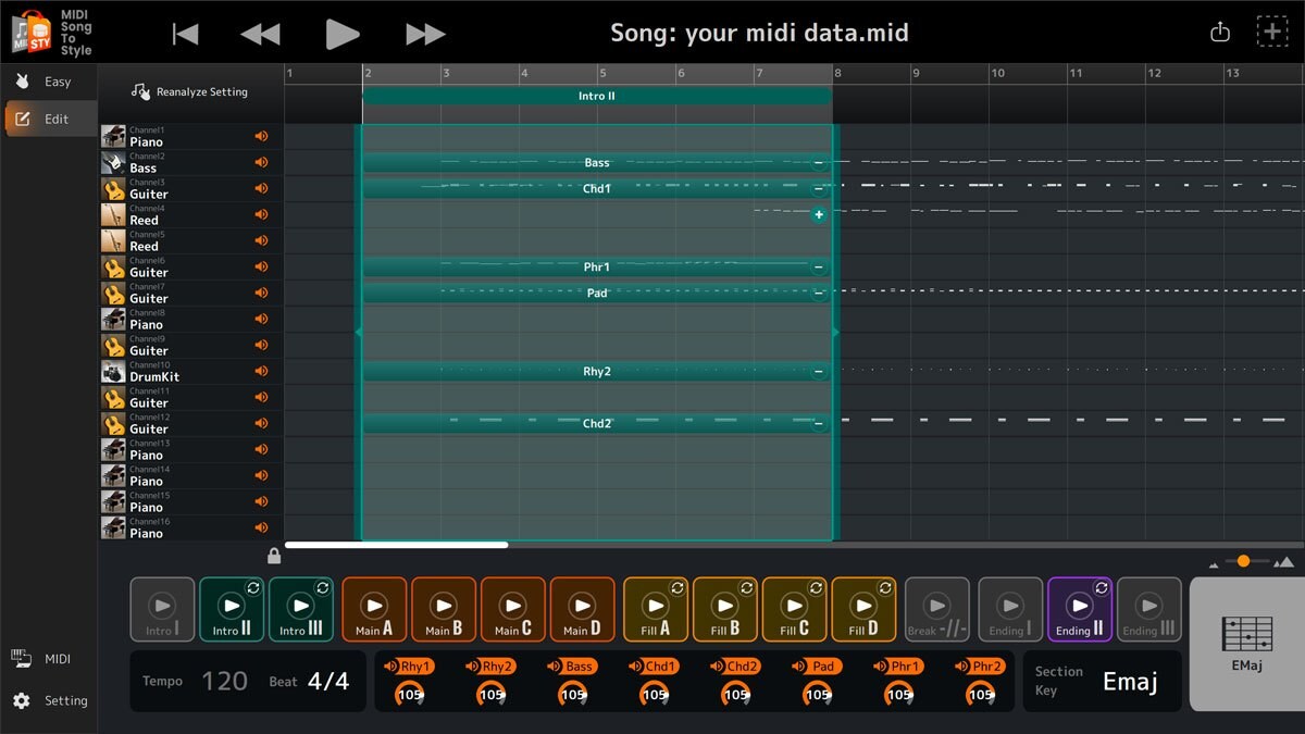 Edit modeのMIDI Song to Styleで、編集範囲を選択している画面イメージ