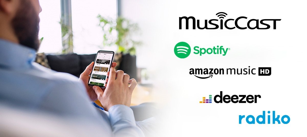 MusicCast, Spotify, amazon music HD, deezer, radiko ロゴ
