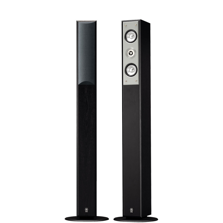 NS-F210（B：ブラック）製品画像_左スピーカーサランネット装着_右スピーカーサランネットなし