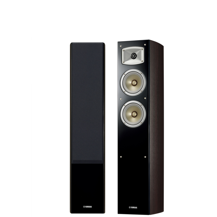 NS-F330（MB:ウォルナット）製品画像_左スピーカーサランネット装着_右スピーカーサランネットなし