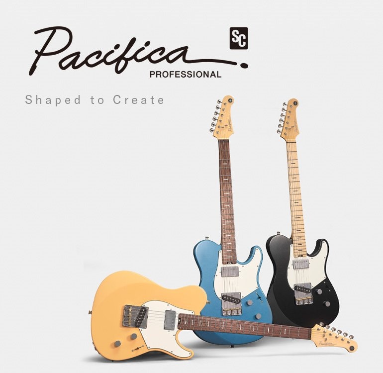 白い背景。左側には「Pacifica SC Professional」のロゴと「Designed to inspire」というテキスト。右側には3本のギターが並んでいる。