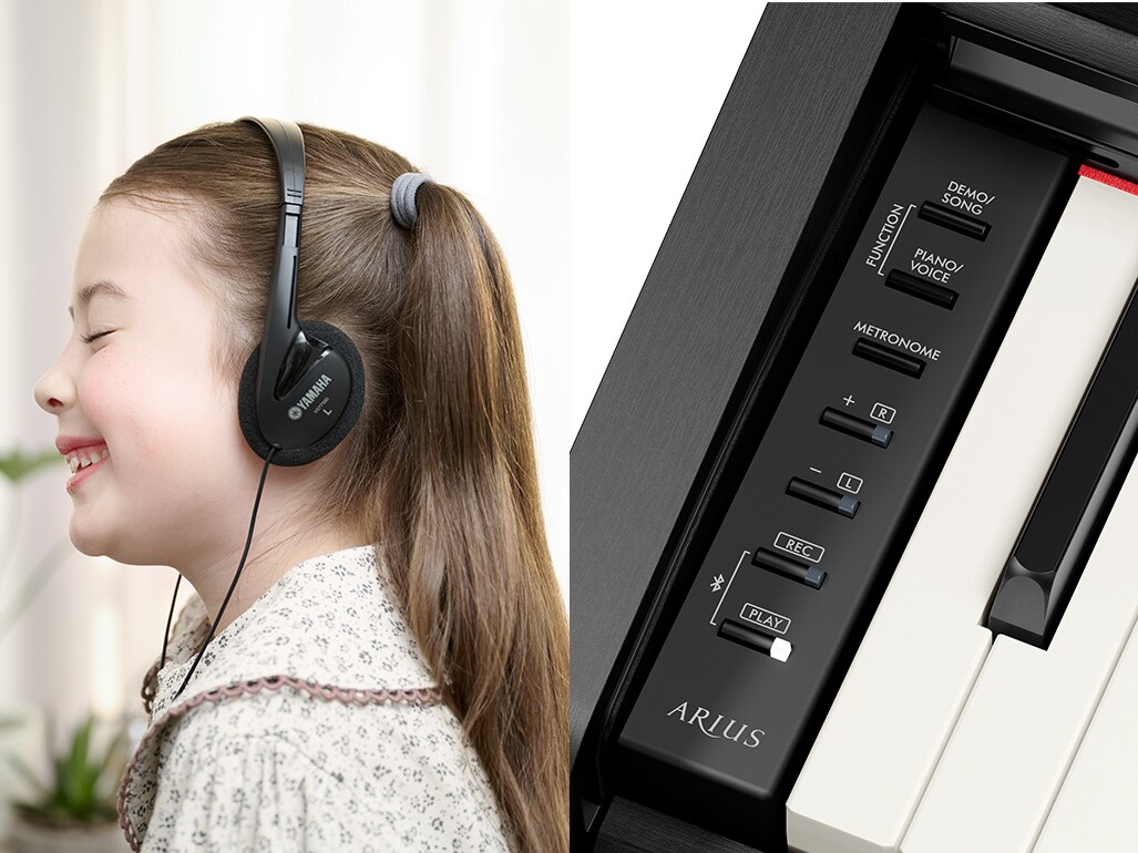 ヘッドホンを使用して電子ピアノを演奏する様子と、操作パネルのイメージ
