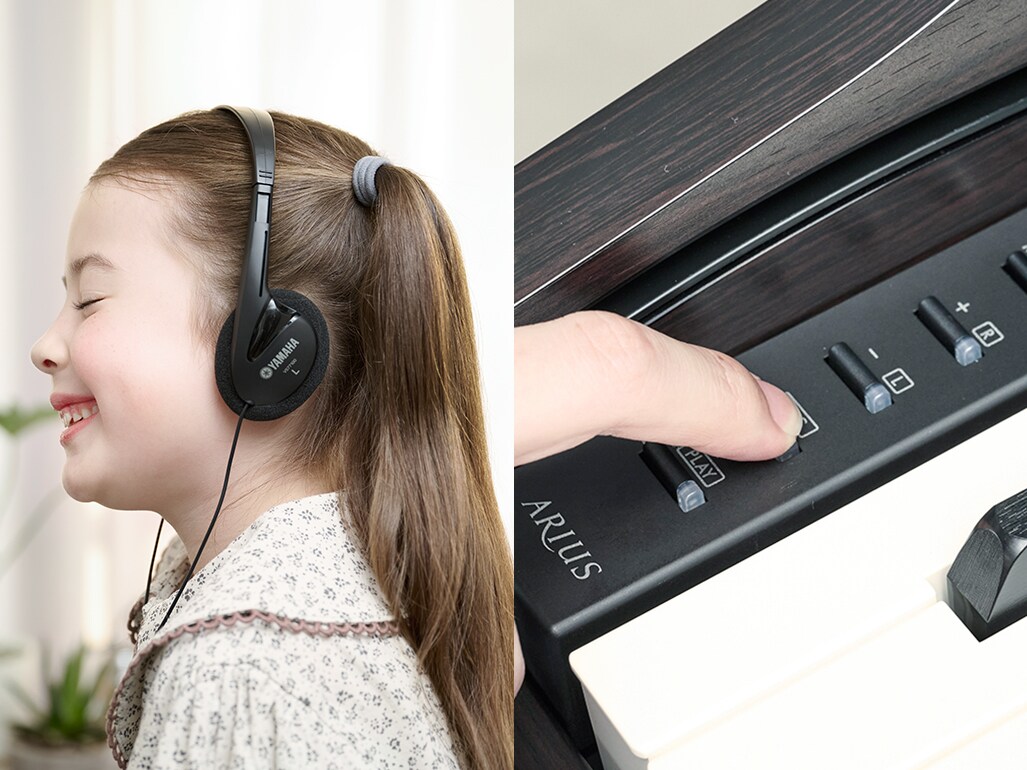 ヘッドホンを使用して電子ピアノを演奏する様子と、操作パネルのボタン操作をする様子