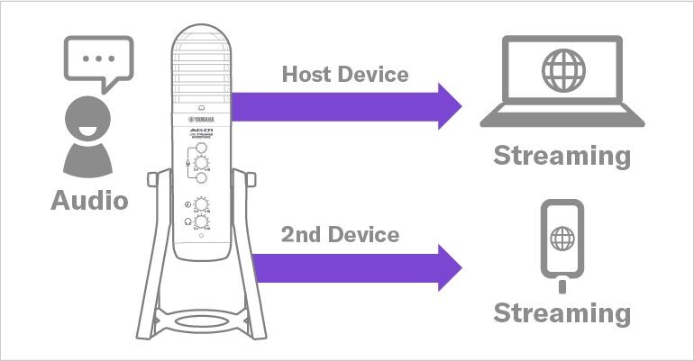 Yamaha AG01: Mirrored streaming by USB-connected devices and sub-devices connected via smartphones (4-pole mini i / o).