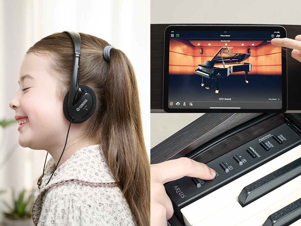 ヘッドホンを使ったデジタルピアノの練習、Smart Pianistアプリの画面表示、本体操作による録音。