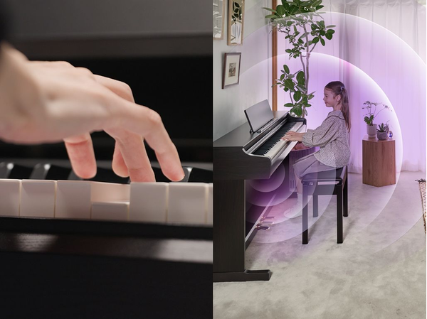 新しいARIUSの鍵盤による繊細なタッチ表現と、リビング空間に設置されたARIUSから音が広がる様子。