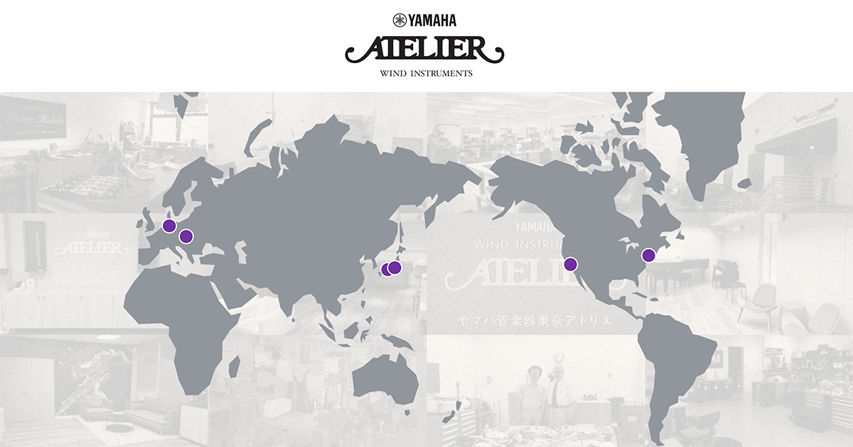 ヤマハ・アトリエの所在地を示す世界地図：東京、大阪、ハンブルク、ウィーン、ニューヨーク、ロサンゼルス
