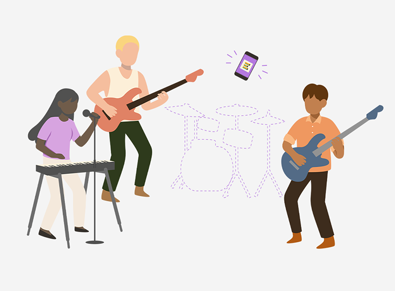 バンド練習でメンバー不在のパートを楽器アプリExtrackが代わりに担当している様子