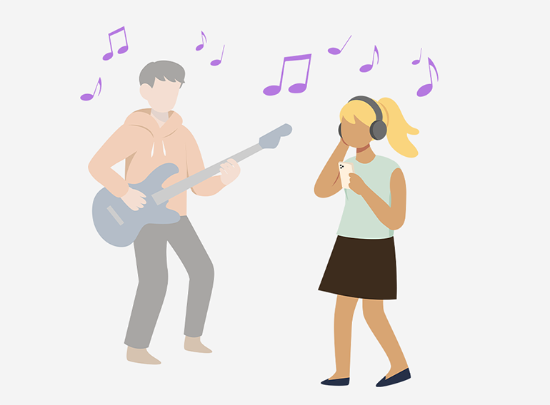 楽器アプリExtrackで音量調整しながら楽器ごとのフレーズを深く聞きこんで楽しむ女性