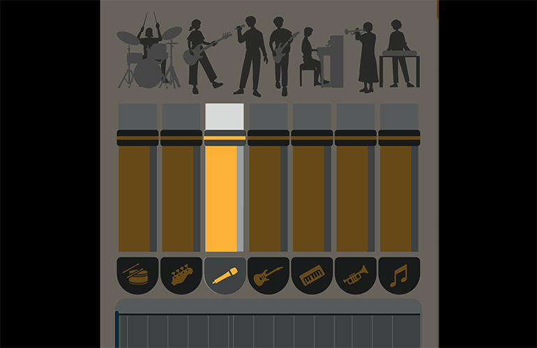 ギター、ボーカル、ドラム、ベース、ピアノ、管楽器など楽器パートに音源分離された画面キャプチャ