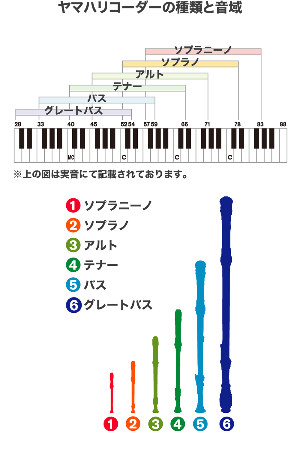 [イラスト] ヤマハリコーダーの種類と音域 - 音程が高い方から、ソプラニーノ、ソプラノ、アルト、テナー、バス、グレートバスの順になります