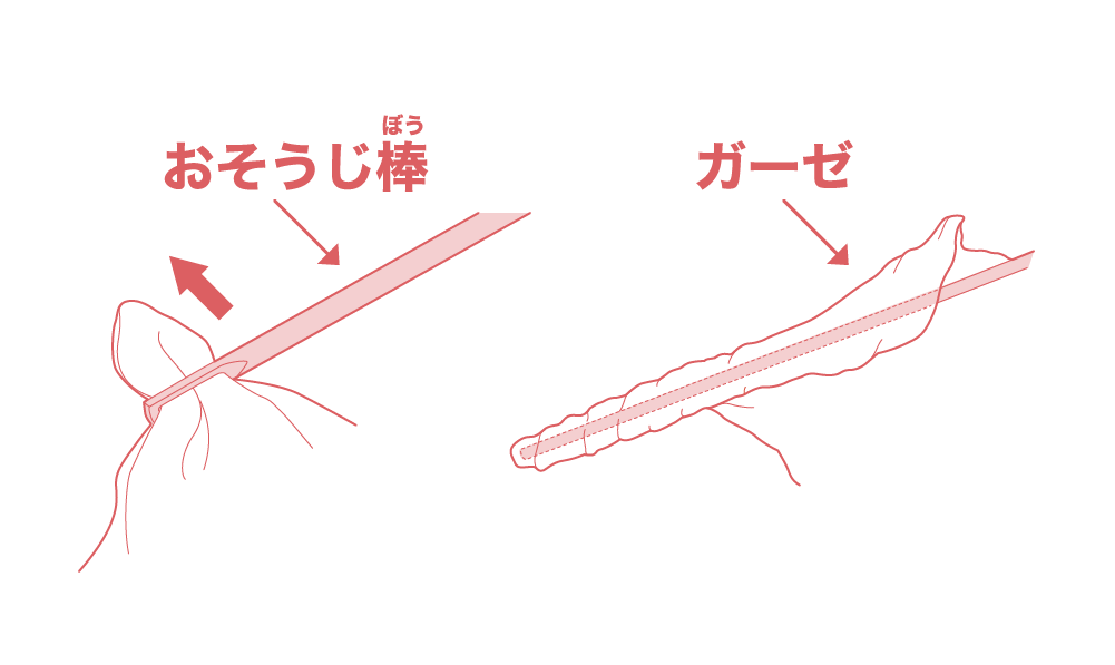 [イラスト]おそうじ棒の使用方法。先端の穴にガーゼを通し他後某全体にガーゼを巻き付けます。