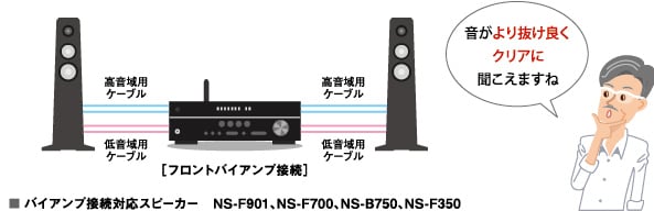 音がより抜け良くクリアに聞こえますね / [フロントバイアンプ接続] バイアンプ接続対応スピーカー NS-F901、NS-F700、NS-B750、NS-F350