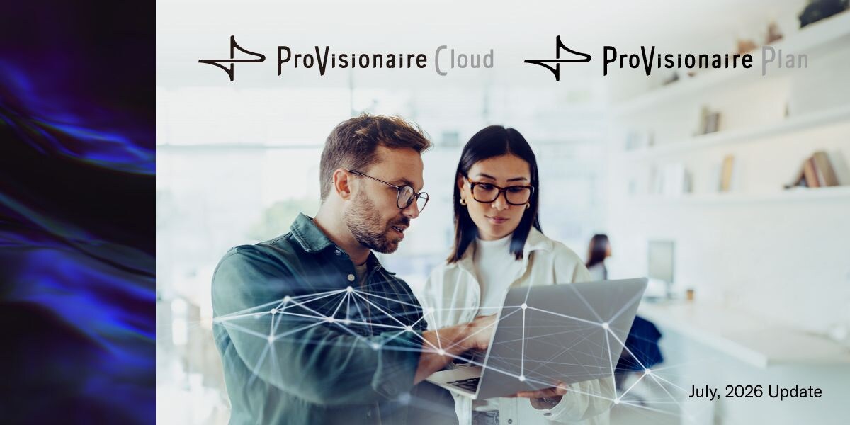 ProVisionaire PlanおよびProVisionaire CloudのRoom Planner機能（2026年7月アップデート）のキービジュアル。PCを見ながら打ち合わせを行う2人の人物のイメージ。