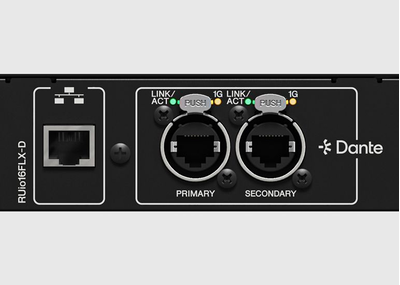 RUio16FLX-D背面パネルのDanteおよびコントロールネットワークポート