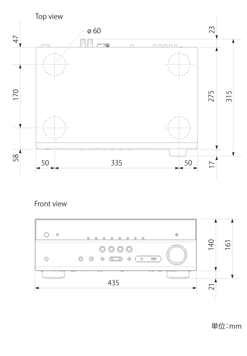ヤマハ | RX-V385 - AVアンプ - 本体寸法図