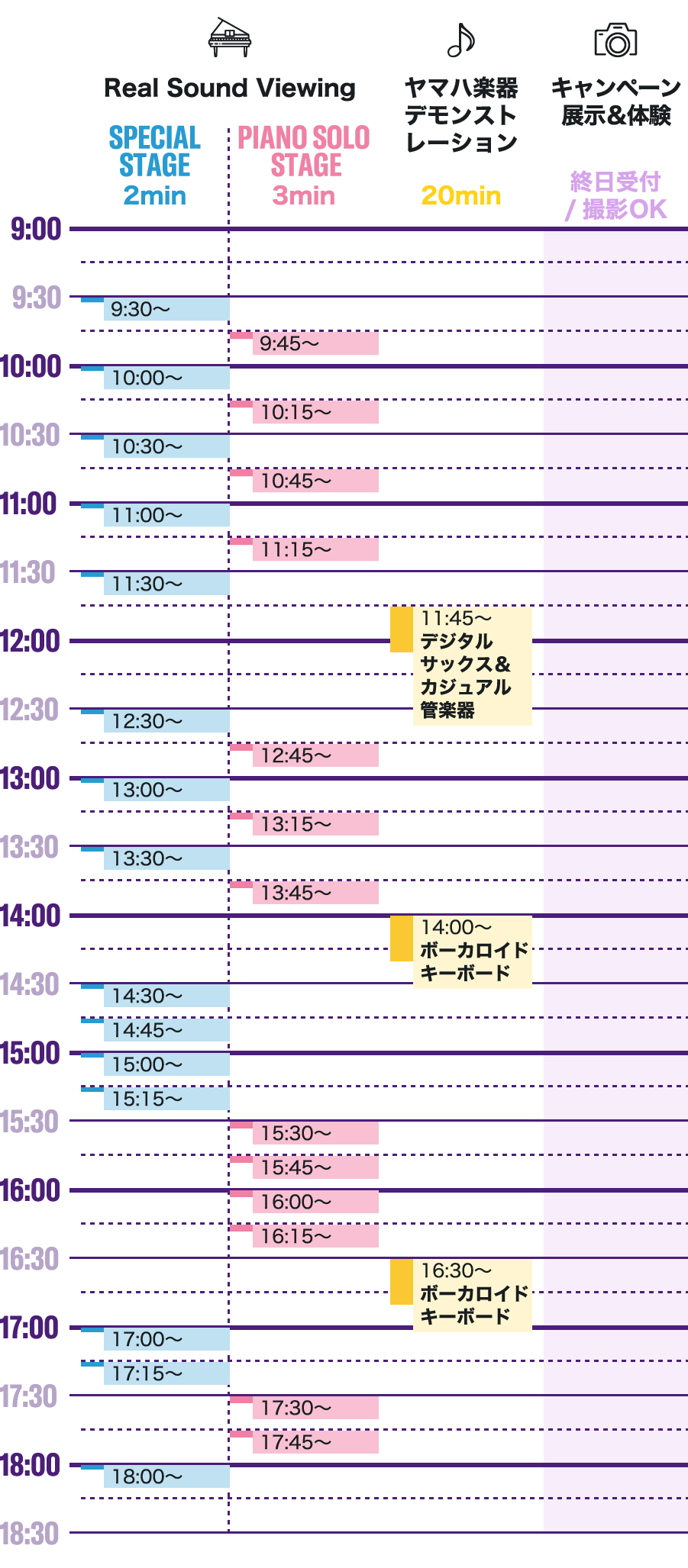 Real Sound Viewing - SPECIAL STAGE（2min）：9:30～ / 10:00～ / 10:30～ / 11:00～ / 11:30～ / 12:30～ / 13:00～ / 13:30～ / 14:30～ / 14:45～ / 15:00～ / 15:15～ / 17:00～ / 17:15～ / 18:00～ | Real Sound Viewing - PIANO SOLO STAGE（3min）：9:45～ / 10:15～ / 10:45～ / 11:15～ / 12:45～ / 13:15～ / 13:45～ / 15:30～ / 15:45～ / 16:00～ / 16:15～ / 17:30～ / 17:45～ | ヤマハ楽器 - デモンストレーション（20min）：11:45～ デジタルサックス＆カジュアル管楽器デモンストレーション / 14:00～ ボーカロイドキーボードデモンストレーション / 16:30～ ボーカロイドキーボードデモンストレーション