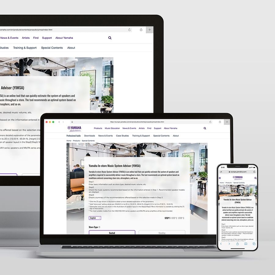 パソコン、Mac、スマートフォンなどのウェブブラウザ上で利用できる「YIMSA」の特長イメージ。
