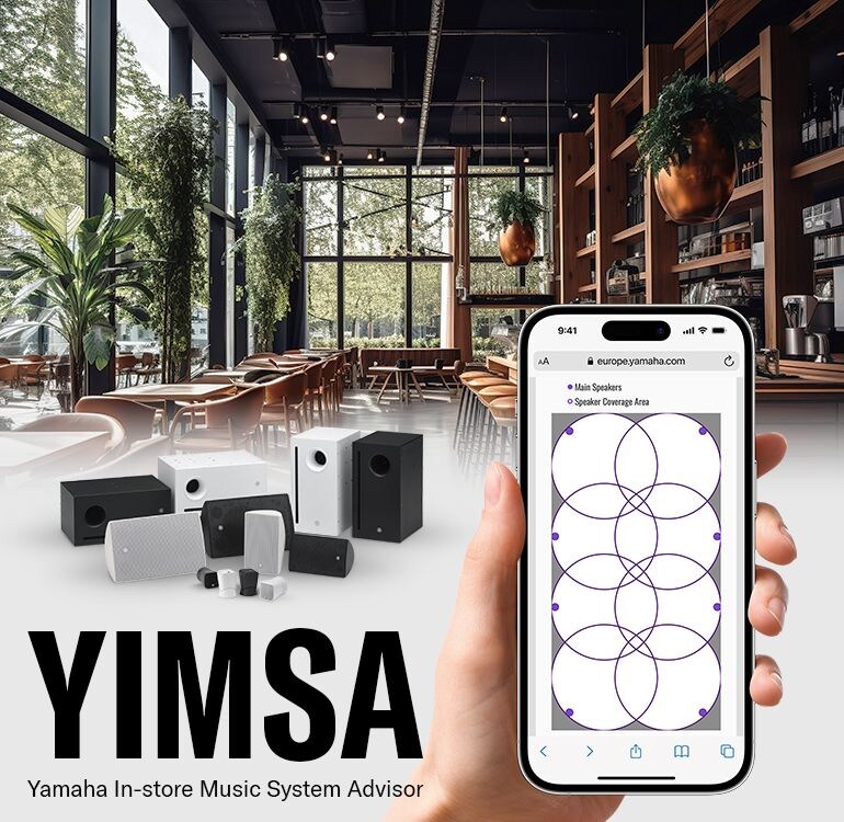 空間に最適な音響システムを見つけるための、無料のオンラインツール「YIMSA」– Yamaha In-store Music System Advisor のキービジュアル。