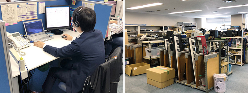 （左）特約店技術者からの電話相談に応えることも重要な業務のひとつ。（右） 西日本サービスセンター内の預かり修理のフロア。