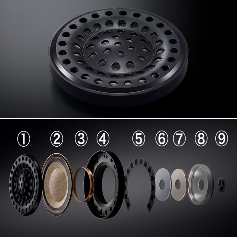 アルモダイナミックドライバーと、その内部を分解した写真