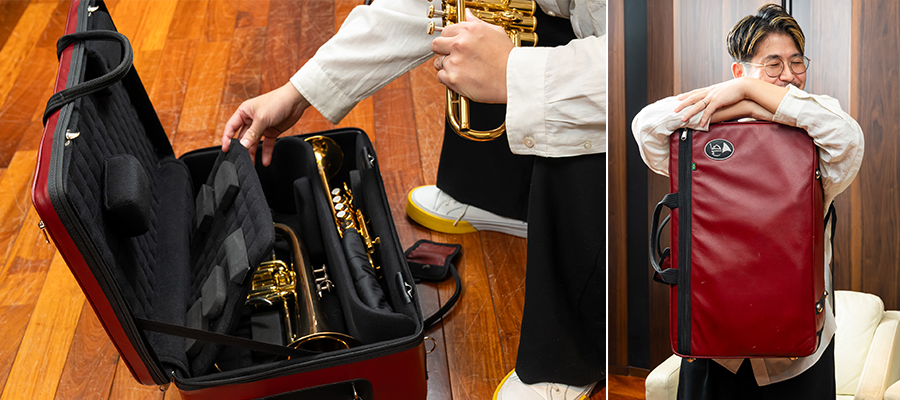 トランペットが3本入るMBのトリプルケース。楽器ケースを前に背負うと、写真のように腕をおけるのも、お気に入りのポイントだそう。