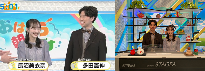 新エレクトーン奏者としてのお披露目となった出演シーン。月～水曜日担当の長沼美衣奈さんと一緒に。